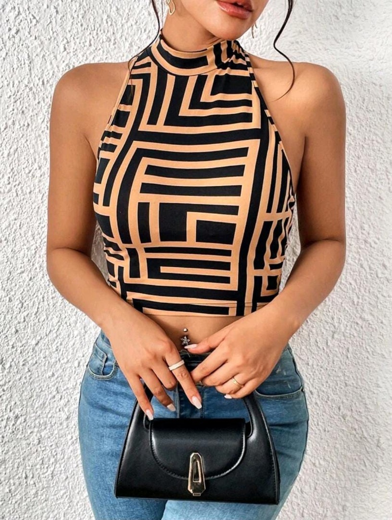 Print Backless Mock Neck Crop Tank Top