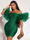 Exaggerated Ruffle Ruched Mesh Bodycon Dress