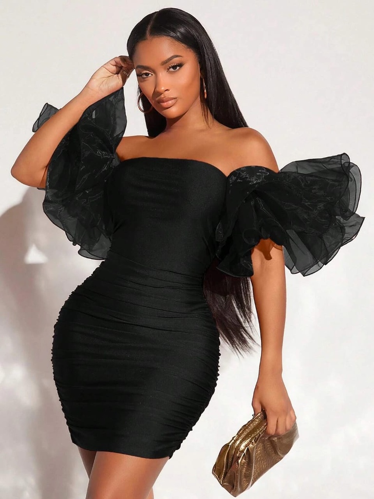 Exaggerated Ruffle Ruched Mesh Bodycon Dress