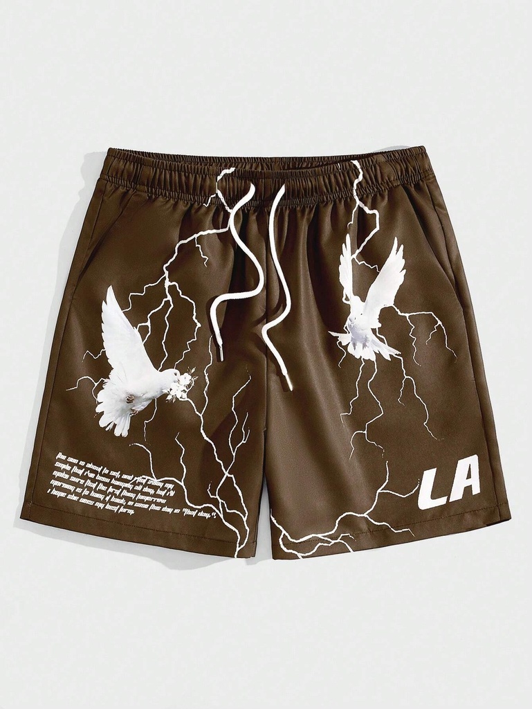 Slogan Graphic Drawstring Waist Shorts