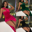 Asymmetrical Collar High Slit Velvet Dress