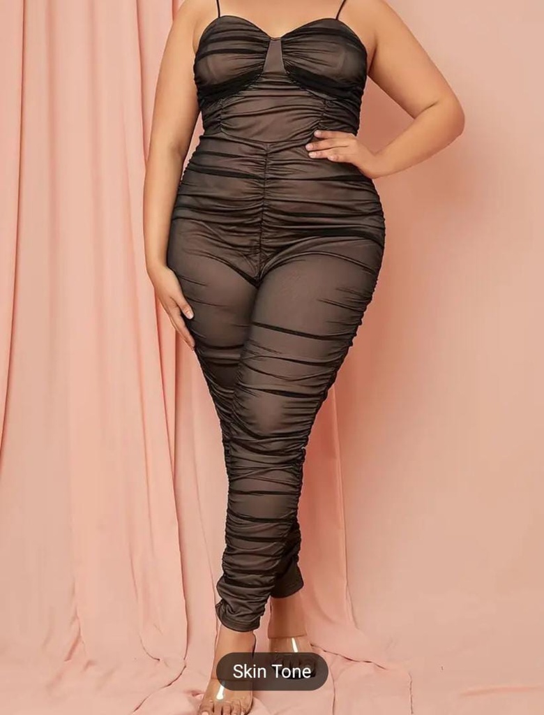 Plus Size Ruched Detailed Contrast Mesh Cami Jumpsuit