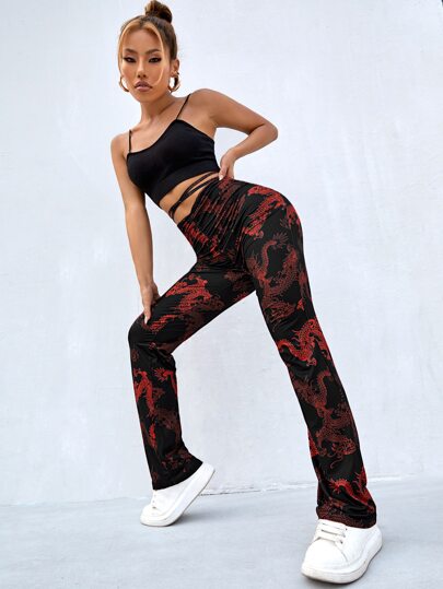 Crisscross Tie Back Ruched Front Chinese Dragon Graphic Pants