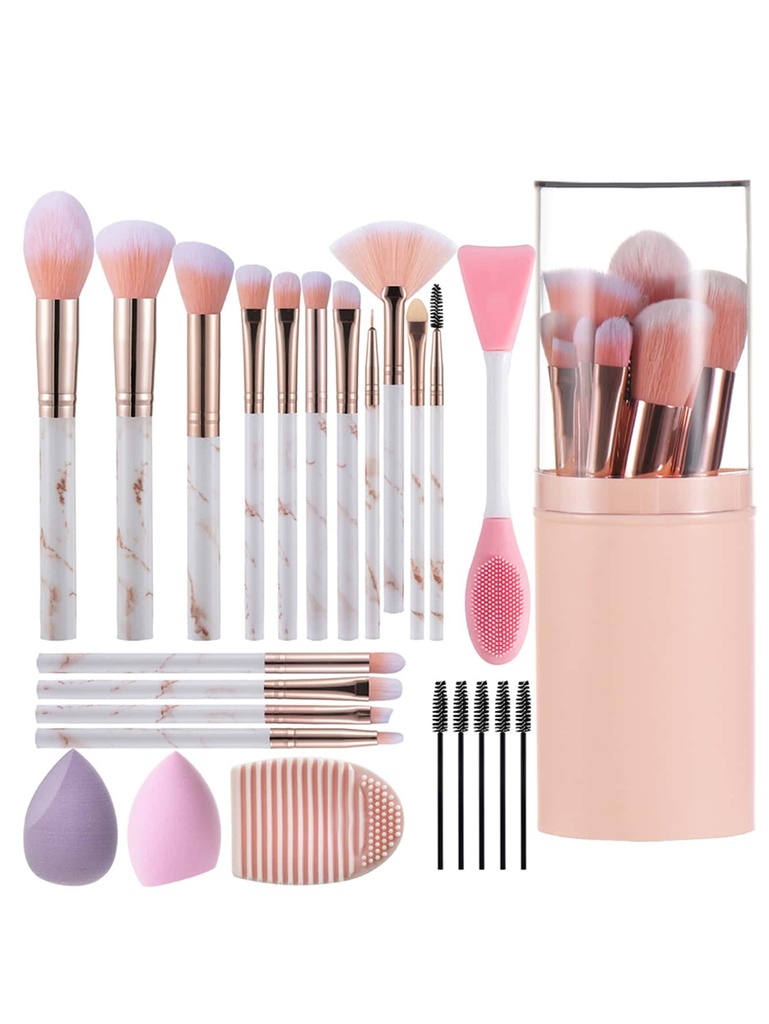 15pcs Pink Marbled Makeup Brush + 9pcs Tool Kit With Storage Bucket