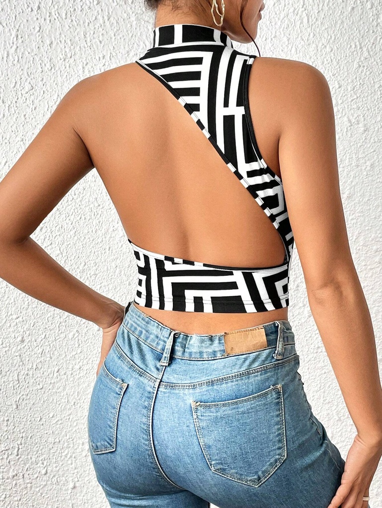 Print Backless Mock Neck Crop Tank Top