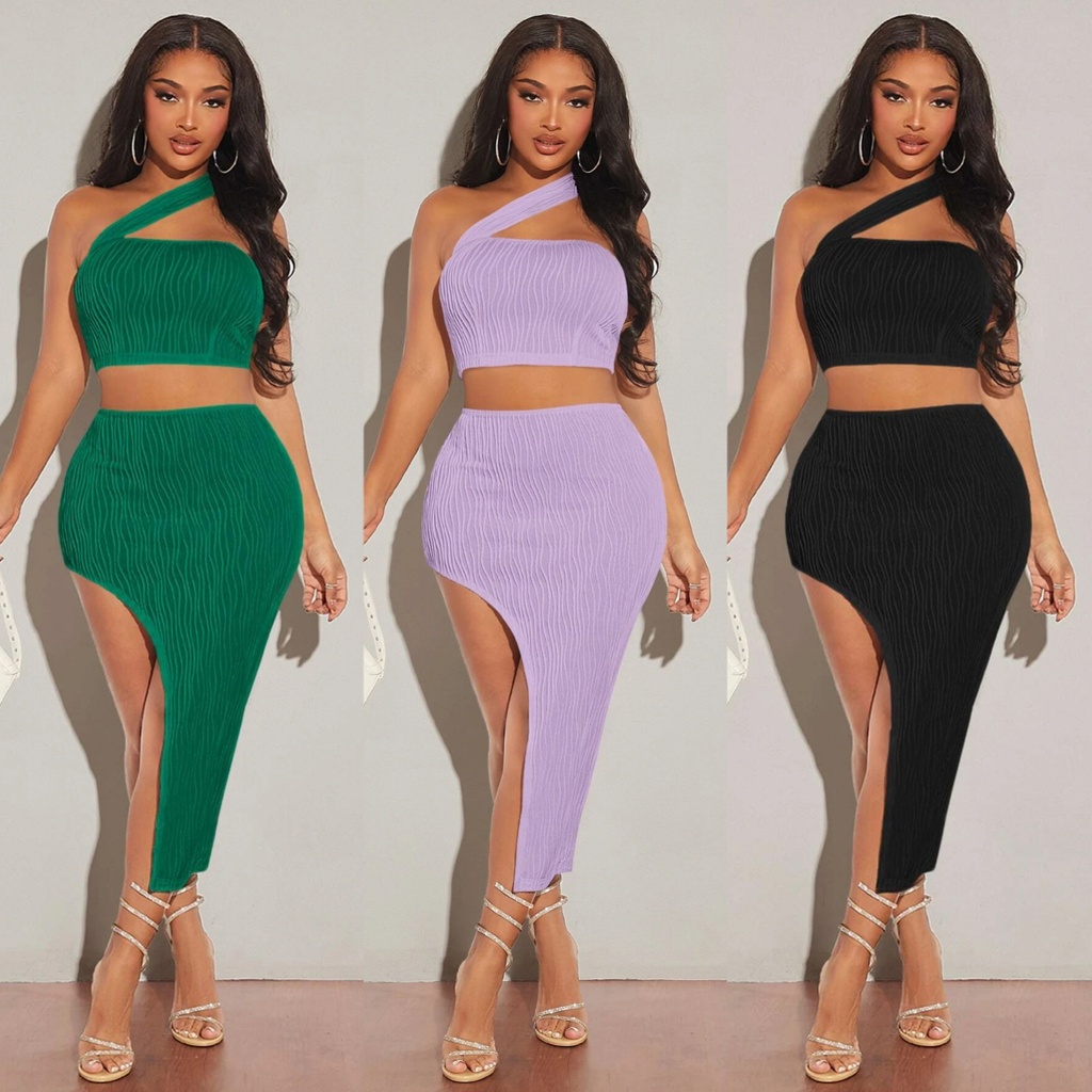  One Shoulder Crop Top & Split Thigh Skirt