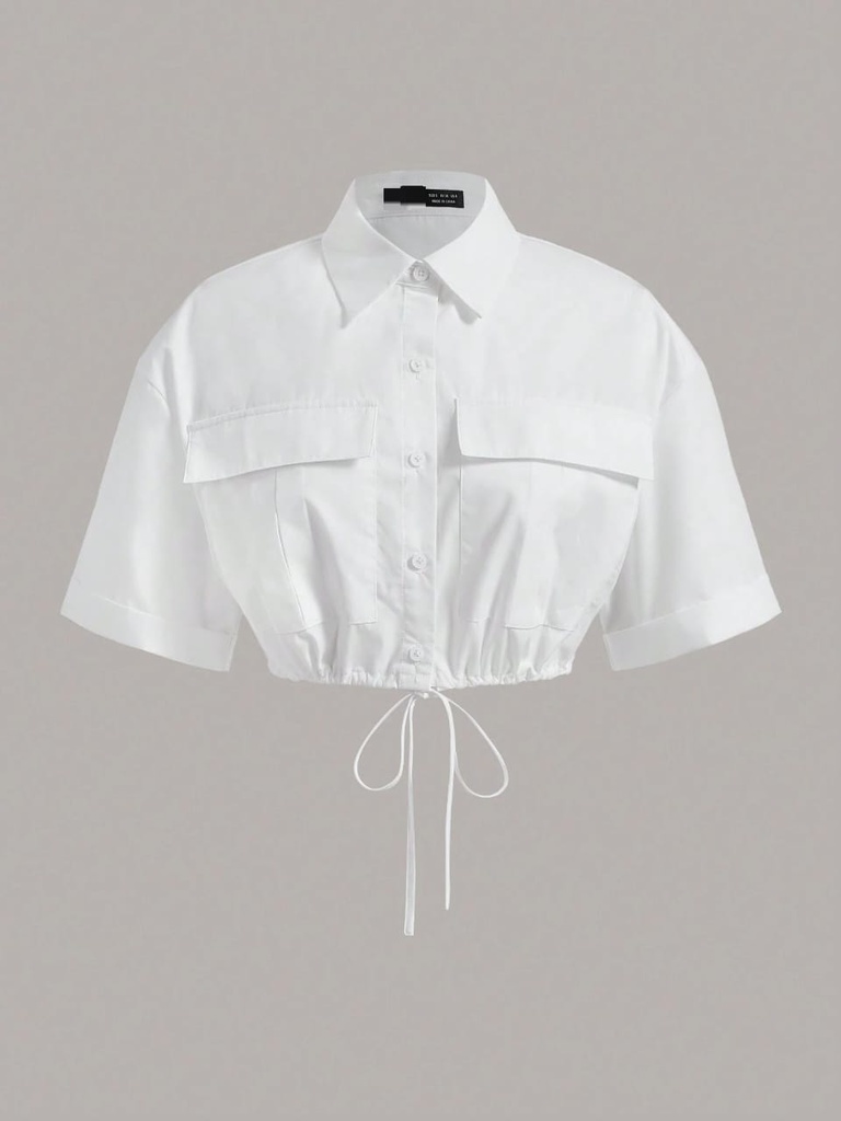 Flap Pocket Drawstring Hem Crop Shirt