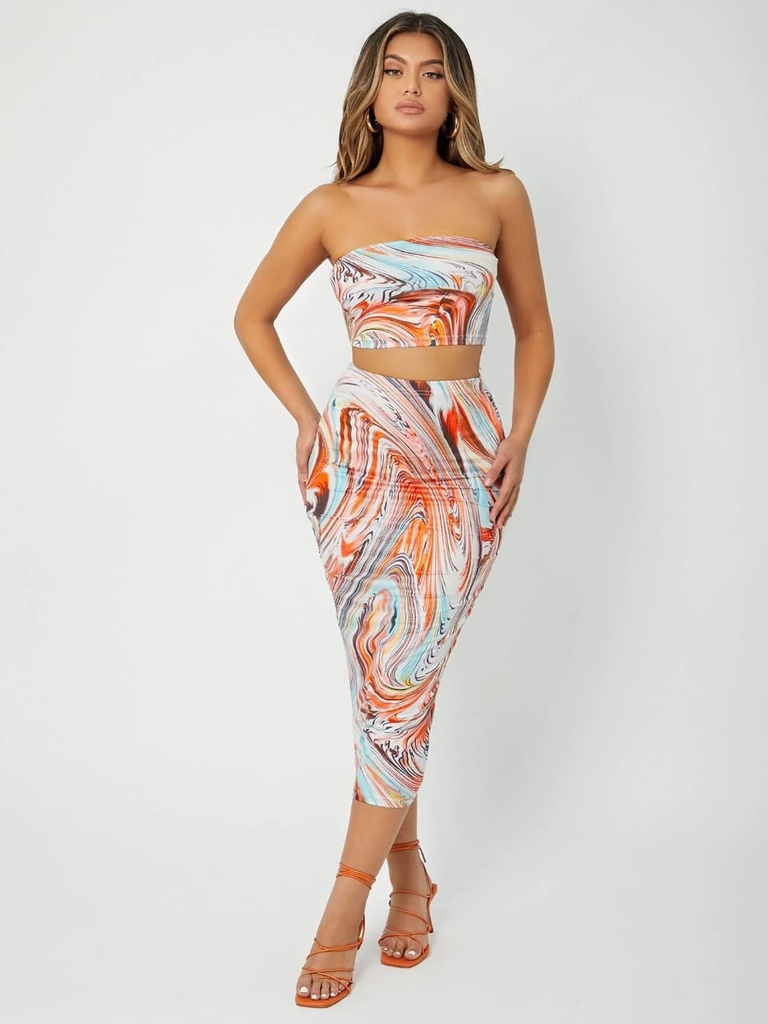 Marble Print Crop Tube Top & Pencil Skirt