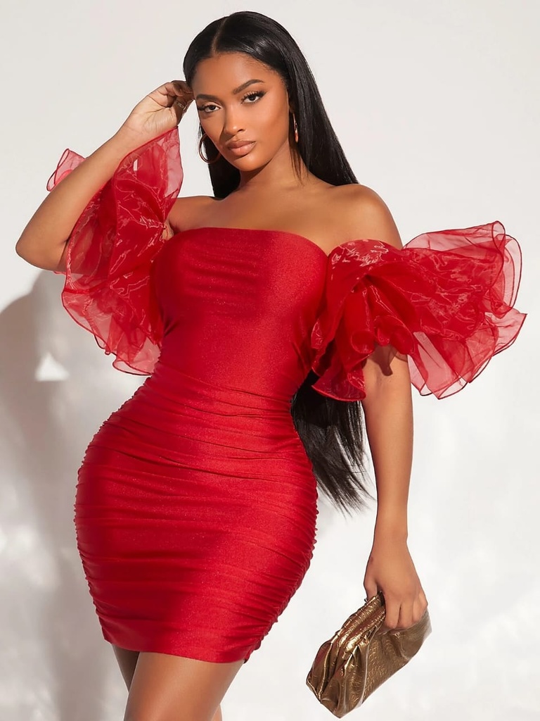 Exaggerated Ruffle Ruched Mesh Bodycon Dress