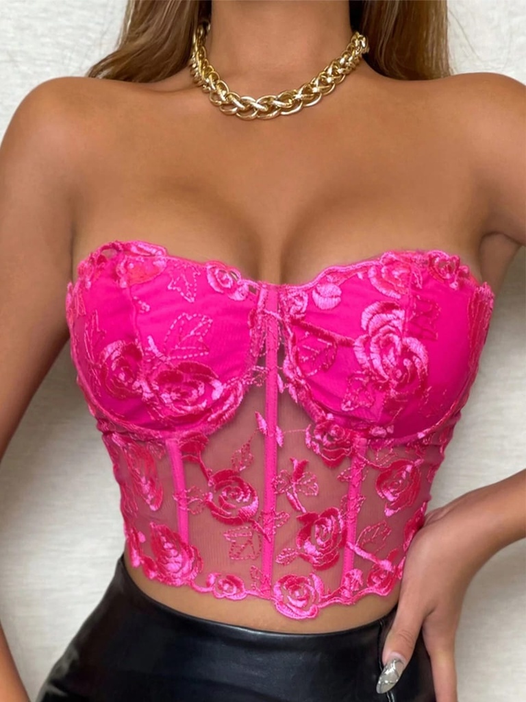 Floral Embroidery Lace Up Front Tube Top