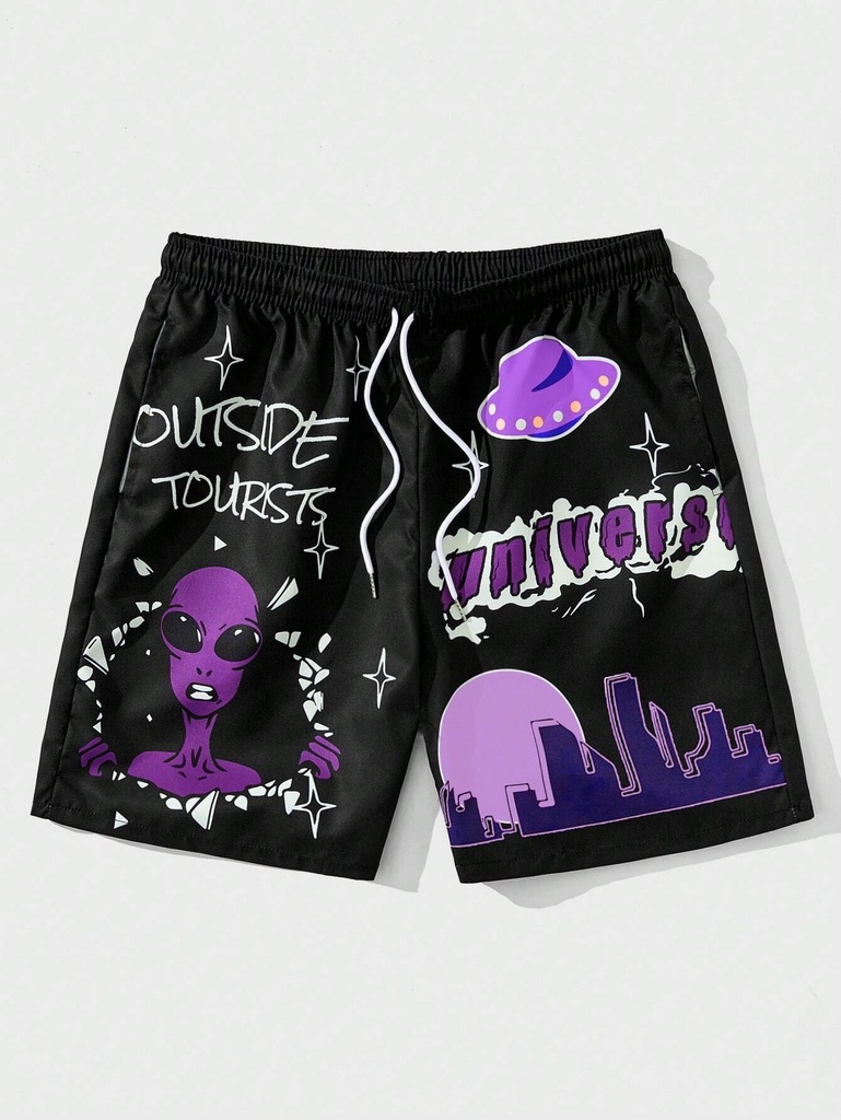  Men Alien & Letter Graphic Drawstring Waist Shorts