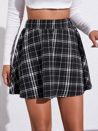 Elastic Waist Skater Plaid Skirt