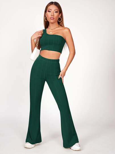 Solid One Shoulder Crop Top & Pants