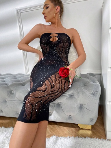 Rhinestone Cut Out Tube Bodycon Dress