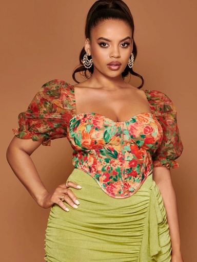 Floral Print Puff Sleeve Curved Hem Bustier Top