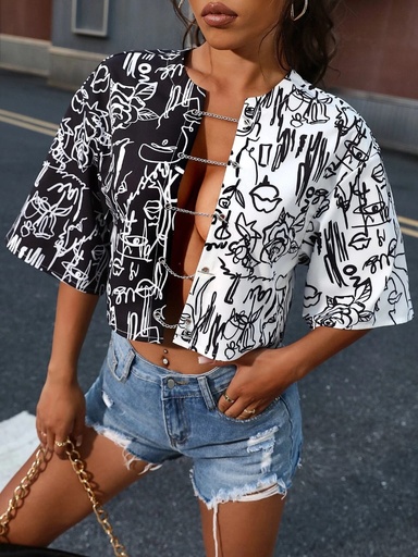 Two Tone Chain Detail Drop Shoulder Crop Blouse