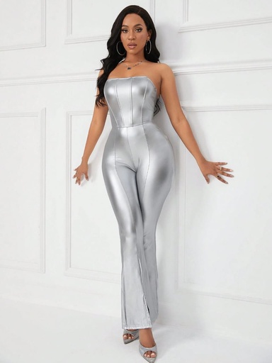  Split Hem PU Leather Tube Jumpsuit