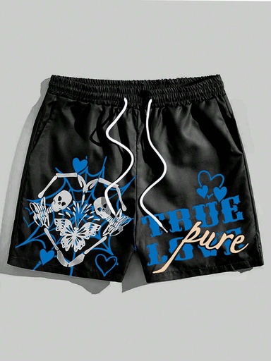  Men Letter & Skull Print Drawstring Waist Shorts