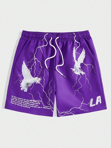 Slogan Graphic Drawstring Waist Shorts