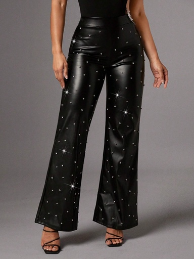 Rhinestone Detail Flare Leg PU Leather Pants