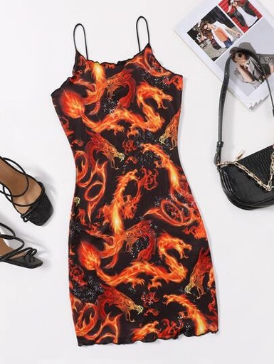 Plus Lettuce Trim Fire & Chinese Dragon Print Cami Dress